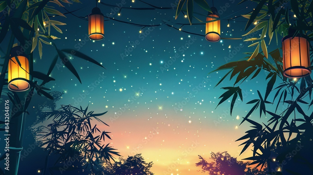 Tanabata Bamboo Decorations with Night Sky Frame Illustration Tanabata Bamboo Decorations with Night Sky Frame Illustration