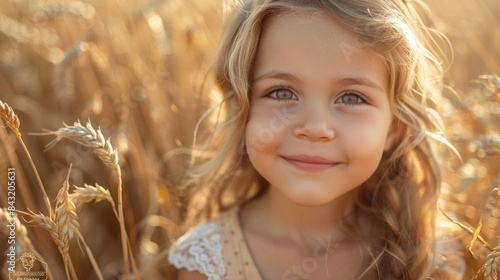 Captivating golden light shines upon a smiling young girl amidst a golden wheat field, epitomizing the essence of carefree childhood wonder © familymedia