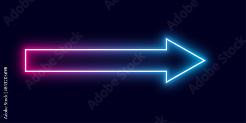neon arrow sign vector with blue and pink color  isolated on dark background for illustration design.