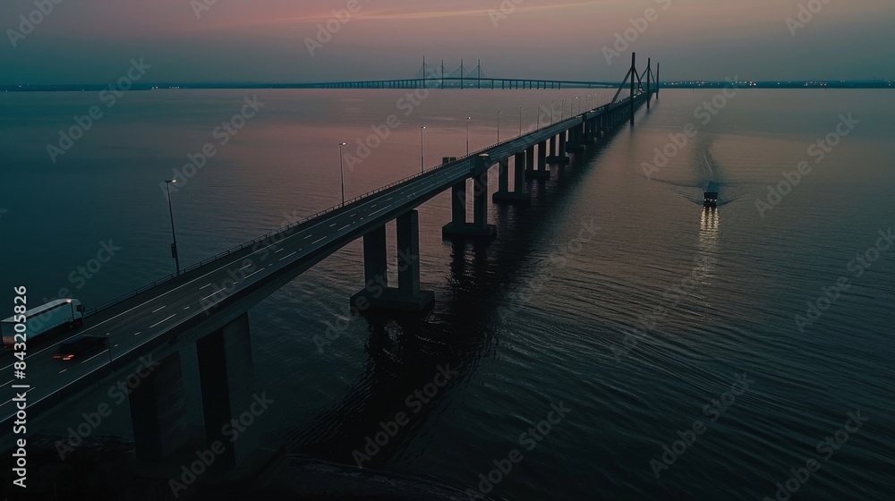 Fototapeta premium Aerial view of the Channel Bridge, as cars cross at sunset
