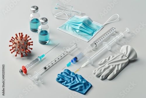 Wallpaper Mural Medical bottle, Coronavirus vaccine, syringe , face mask, gloves, body thermometer, 3D model of virus and protective glasses. The concept of medicine, healthcare and science  Torontodigital.ca