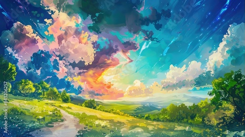 Colorful and Magical Anime Style Landscape Painting with Bright Sky and Greenery