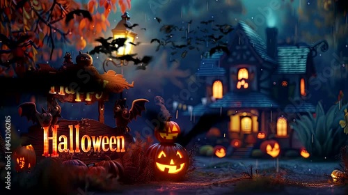 Halloween Home decorations with two Bat and Halloween tree and Pumpkin in the night. Seamless looping time-lapse virtual 4k video animation background