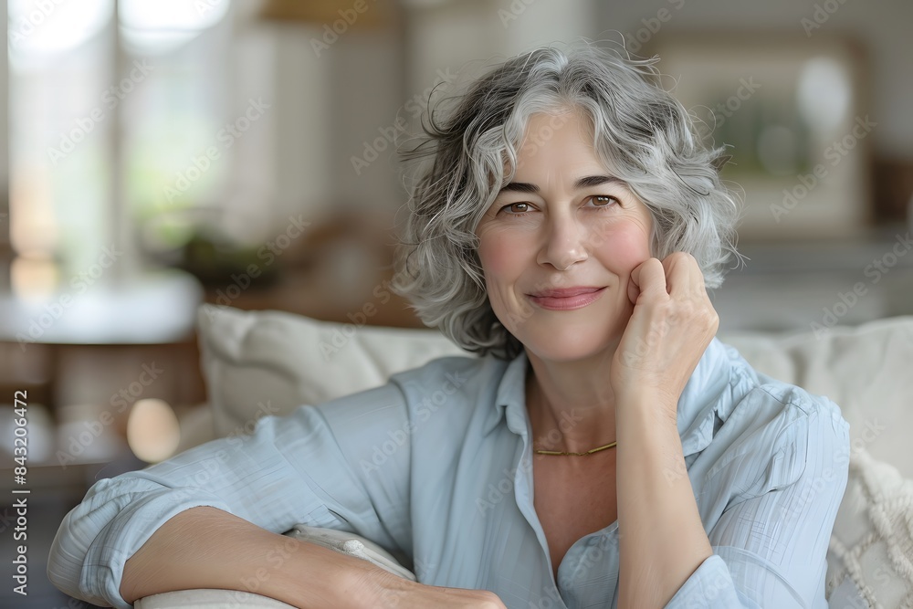 Happy middle aged Lady with gray hair on Comfy Couch Happy middle aged Lady with gray hair on Comfy Couch