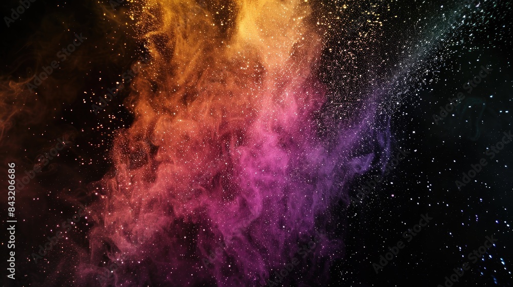 Fototapeta premium Abstract black powder scattered on background Frozen motion of colored powder burst throwing black glitter pattern on dark backdrop