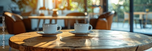 A cozy and inviting indoor setting featuring two ceramic coffee cups with saucers on a wooden table, bathed in warm sunlight filtering through large windows