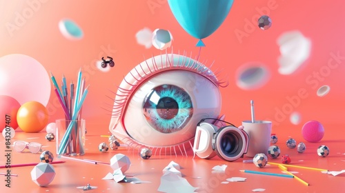 A blue eye is surrounded by balloons and a cup