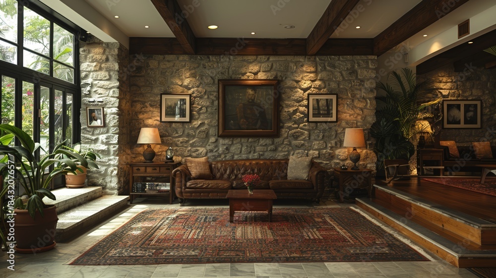 Fototapeta premium A beautifully designed living room with rustic stone walls, wooden beams, and a cozy leather sofa, elegantly illuminated by natural light and a few warm lamps