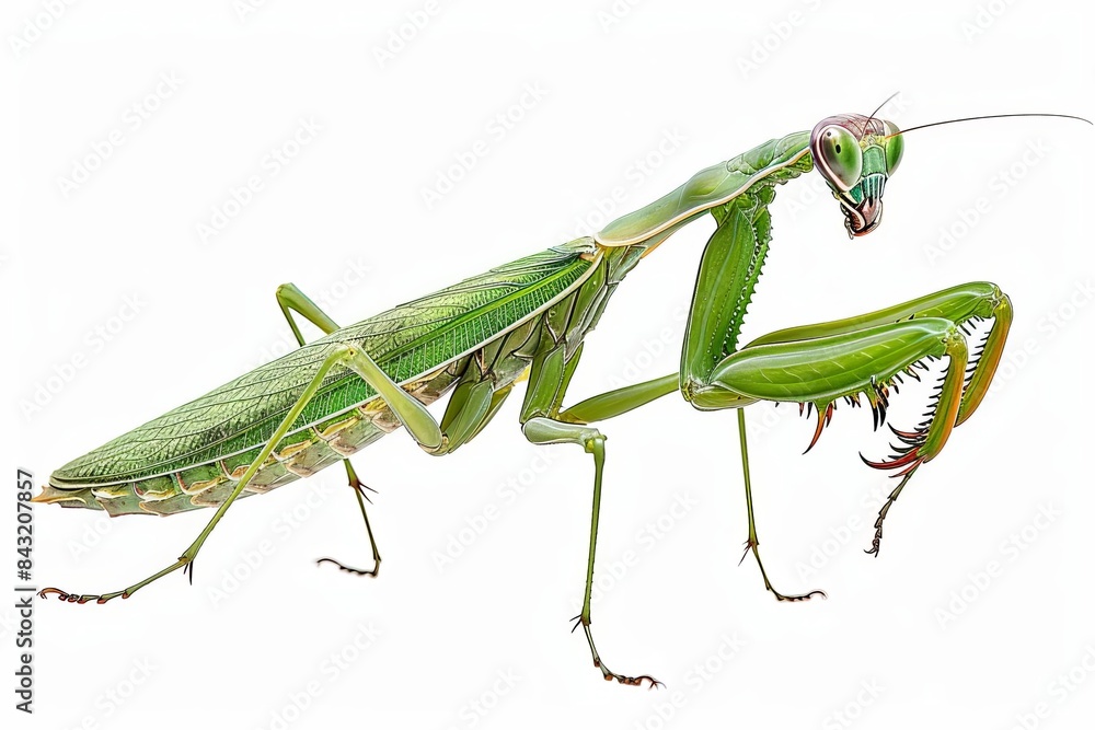A praying mantis with a slender green body and forearms raised, detailed texture on its exoskeleton Isolated on a solid white background A praying mantis with a slender green body and forearms raised, detailed texture on its exoskeleton Isolated on a solid white background