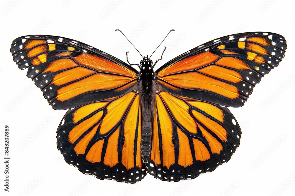 Fototapeta premium A vibrant monarch butterfly with orange and black wings, showing detailed vein patterns Isolated on a solid white background