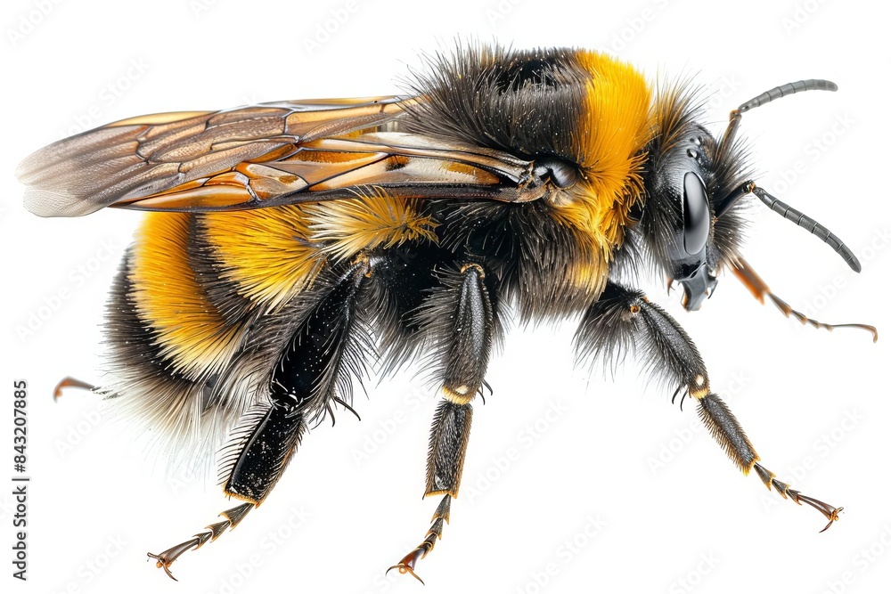 A bumblebee with a fuzzy black and yellow body, detailed wings and legs Isolated on a solid white background A bumblebee with a fuzzy black and yellow body, detailed wings and legs Isolated on a solid white background
