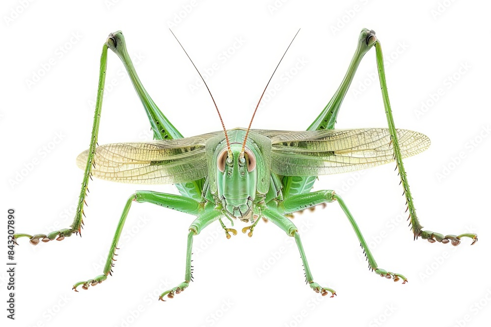 A green grasshopper with long legs and antennae, detailed texture on its body and wings Isolated on a solid white background A green grasshopper with long legs and antennae, detailed texture on its body and wings Isolated on a solid white background