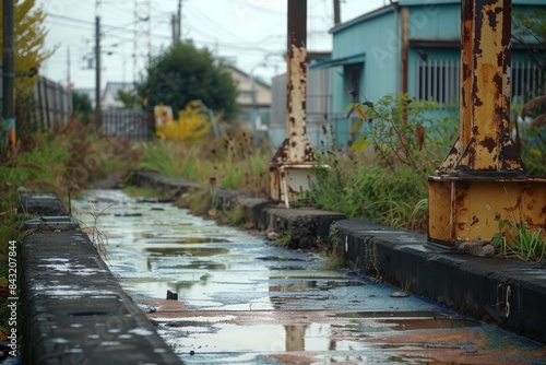Wallpaper Mural An abandoned railway track, overgrown with vegetation and rusted supports, shows signs of decay and neglect in an urban environment Torontodigital.ca