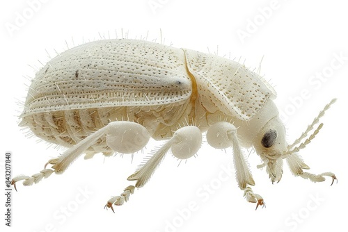 A mealybug with a white, powdery body and short legs, detailed texture on its exoskeleton Isolated on a solid white background photo