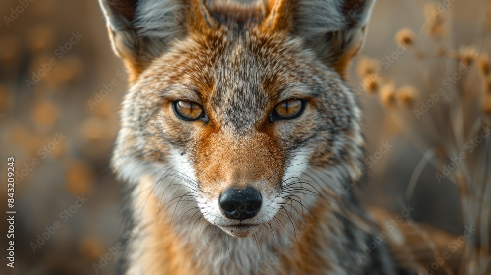 A striking close-up of a wild coyote with piercing amber eyes, surrounded by a blurred natural habitat background and dried plants, capturing its majestic and stealthy nature A striking close-up of a wild coyote with piercing amber eyes, surrounded by a blurred natural habitat background and dried plants, capturing its majestic and stealthy nature