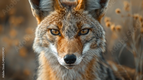 A striking close-up of a wild coyote with piercing amber eyes, surrounded by a blurred natural habitat background and dried plants, capturing its majestic and stealthy nature