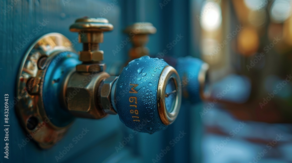 Close-up photograph of three blue and brass garden hose bibbs with water droplets, mounted on a wall, showcasing detailed textures and intricate design Close-up photograph of three blue and brass garden hose bibbs with water droplets, mounted on a wall, showcasing detailed textures and intricate design
