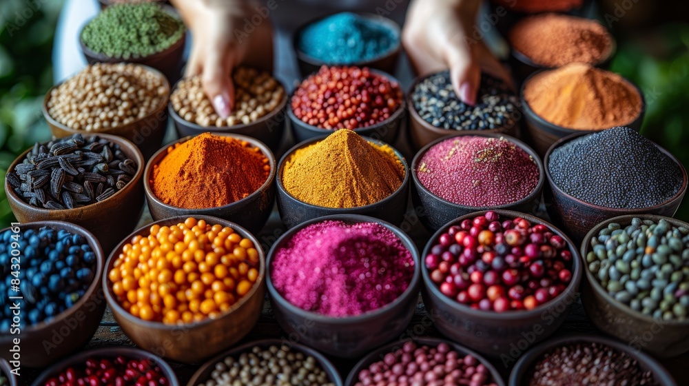 custom made wallpaper toronto digitalA vivid assortment of colorful spices and herbs displayed in bowls, showcasing various textures and vibrant hues, perfect for culinary inspiration and gourmet cooking