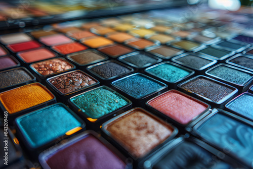 A variety of colorful eyeshadow palettes arranged neatly, demonstrating the range in makeup options. Concept of beauty and cosmetic diversity. Generative Ai. photo