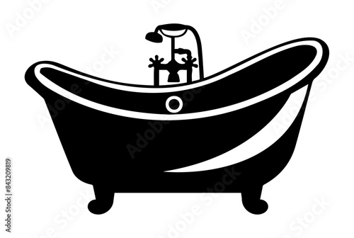 Black and white icon of a classic clawfoot bathtub with a showerhead, symbolizing luxury and bathroom fixtures.