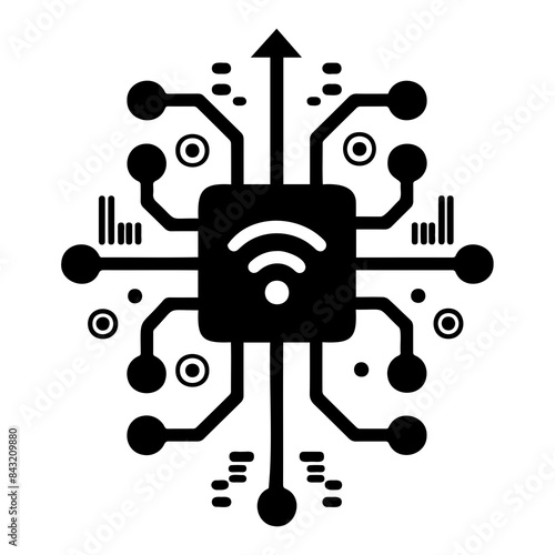 Black and white illustration of an Internet of Things (IoT) circuit, ideal for technology and connectivity themes.