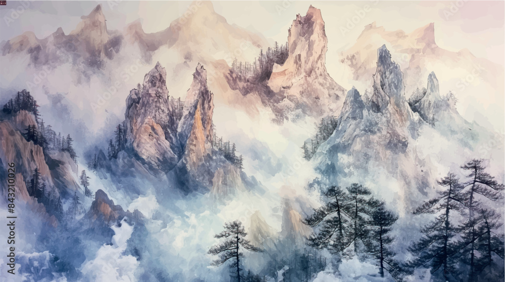 Obraz premium traditional chinese watercolor painting of snowy and misty mountain landscape, vector illustration