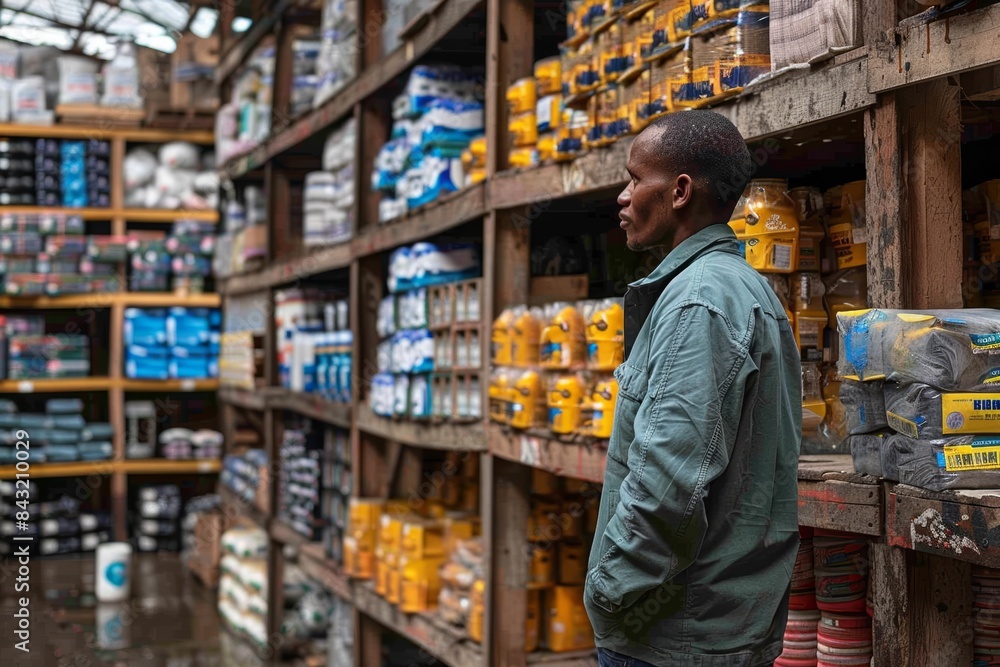 Fototapeta premium A person standing in a well-stocked warehouse aisle filled with a variety of packaged goods, showcasing an industrial setting with organized shelves and various products