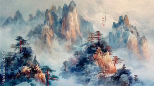 traditional chinese watercolor painting of snowy and misty mountain landscape, vector illustration