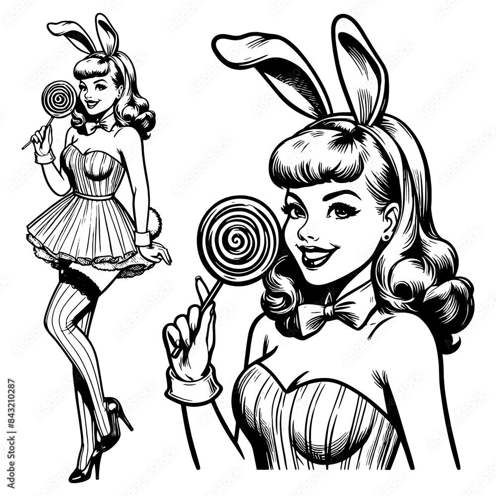 smiling pin-up bunny girl holding a lollipop, dressed in a playful ...