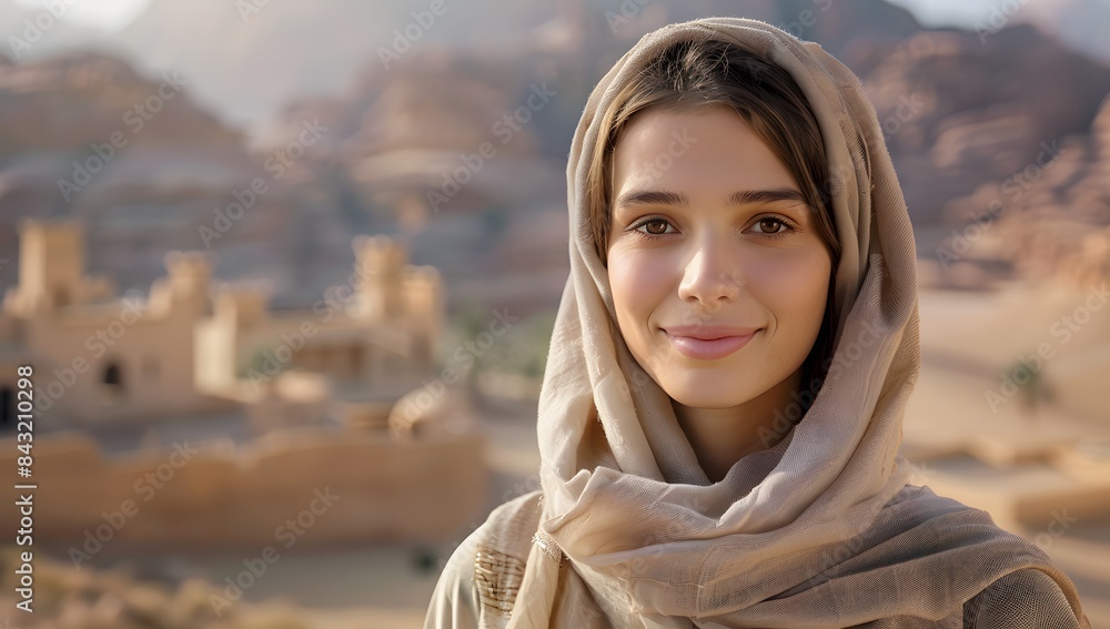 Desert Beauty: Woman in Ancient Scarf Gazes at City Desert Beauty: Woman in Ancient Scarf Gazes at City