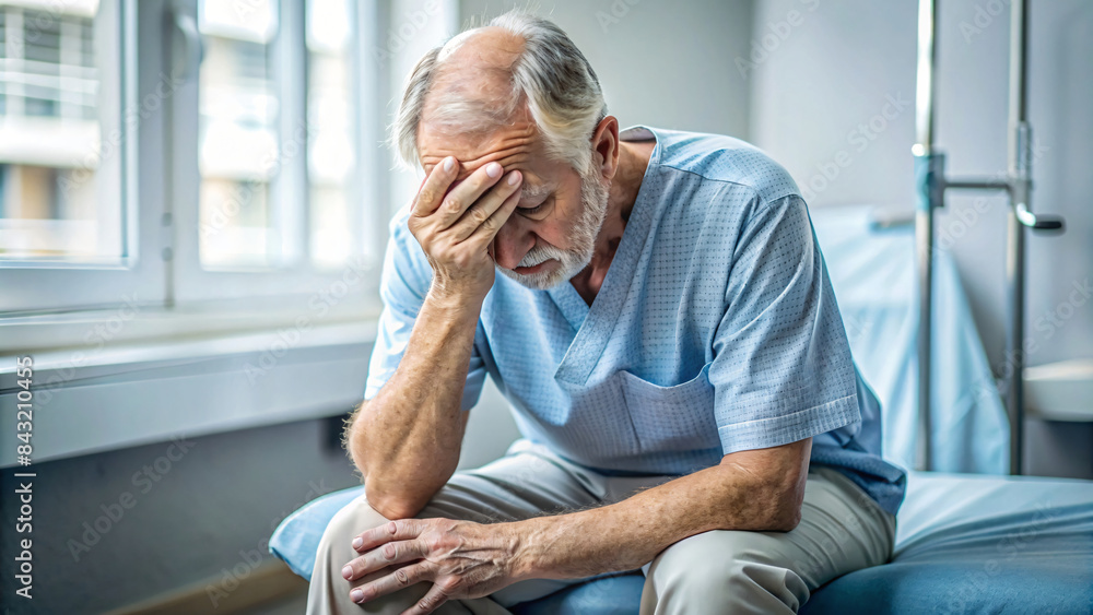 An elderly patient is sitting and worrying about getting sick at the hospital An elderly patient is sitting and worrying about getting sick at the hospital