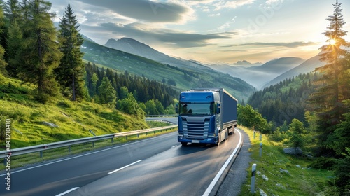 A sleek blue cargo truck driving through a picturesque mountainous landscape with winding roads surrounded by lush green forests and sunlit peaks