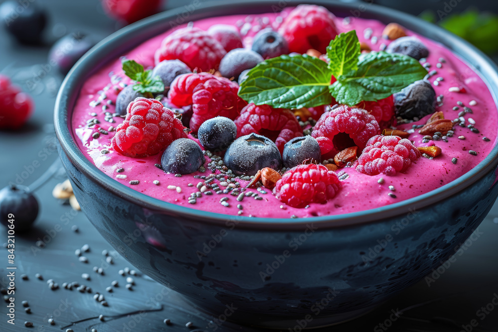 A colorful smoothie bowl topped with fresh fruits and nuts, showcasing nutritious meal options. Concept of healthy eating and wellness. Generative Ai. A colorful smoothie bowl topped with fresh fruits and nuts, showcasing nutritious meal options. Concept of healthy eating and wellness. Generative Ai.