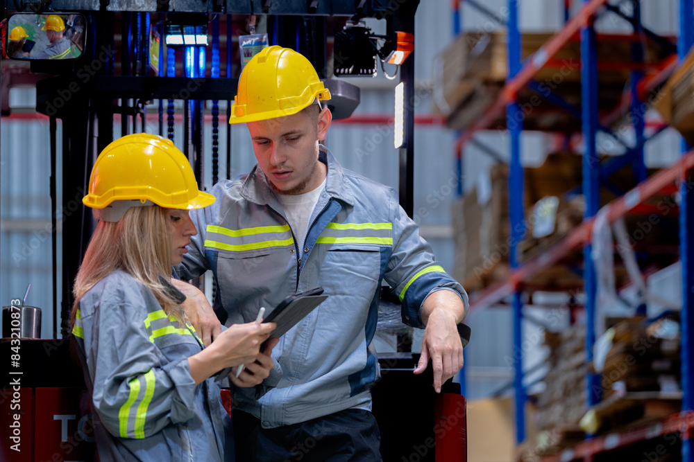 Two male and female factory checkers are discussing work on a warehouse truck. While working in a warehouse for industrial products Two male and female factory checkers are discussing work on a warehouse truck. While working in a warehouse for industrial products