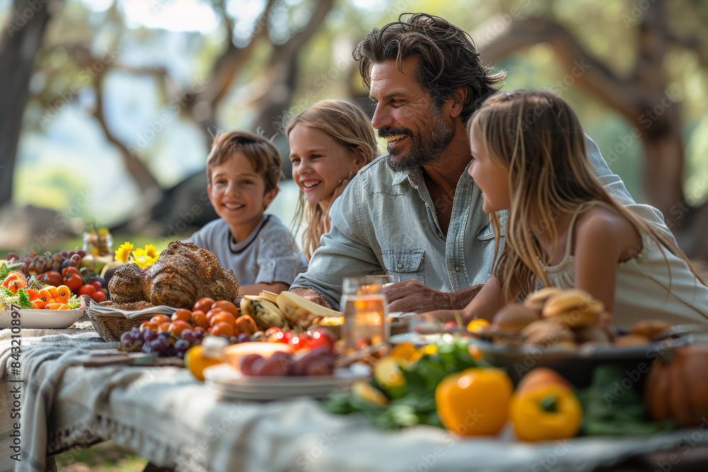 A family enjoying a picnic with wholesome foods, highlighting family wellness. Concept of healthy eating and bonding. Generative Ai. A family enjoying a picnic with wholesome foods, highlighting family wellness. Concept of healthy eating and bonding. Generative Ai.
