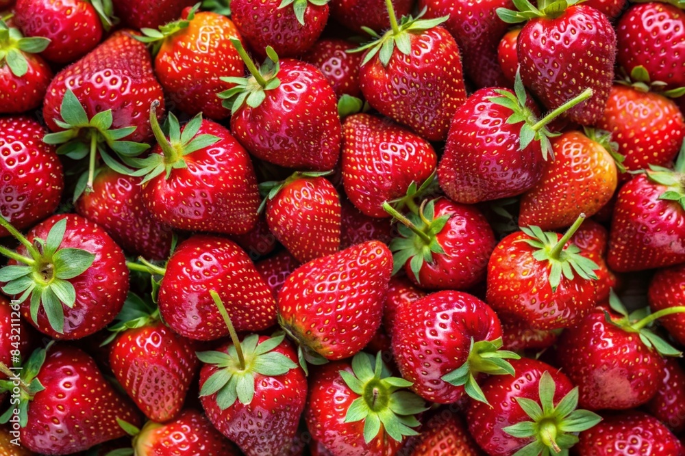 Red background of ripe strawberries. Close up, top view.