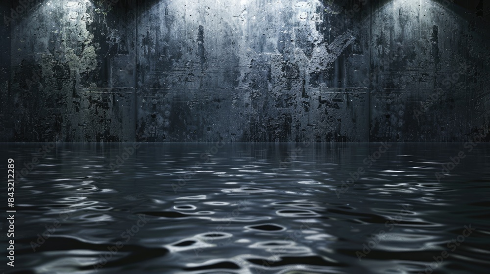 Reflective light on water in empty dark setting with product display spotlight a neat studio for photographers and abstract black backdrop Reflective light on water in empty dark setting with product display spotlight a neat studio for photographers and abstract black backdrop