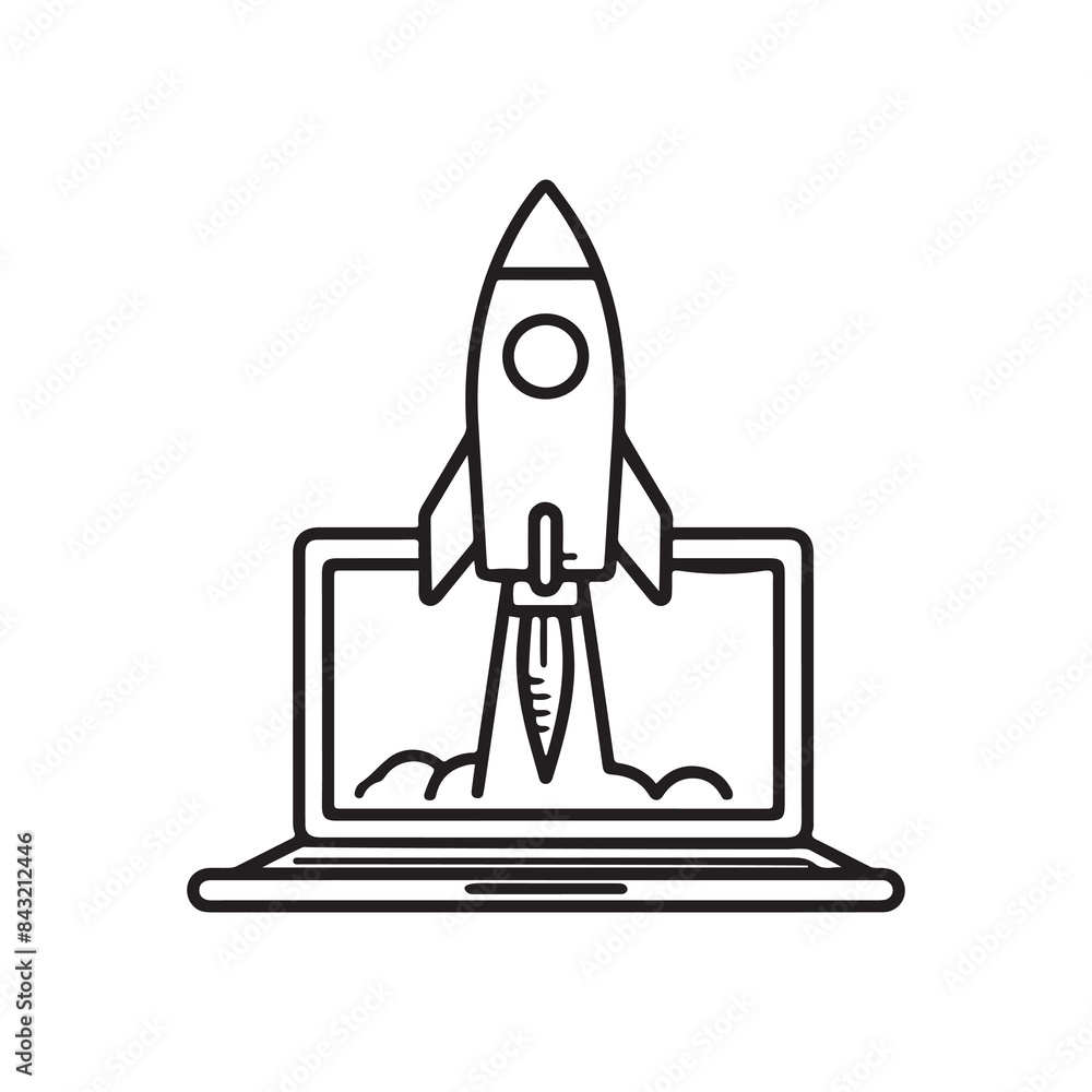 Laptop and Rocket launching icon vector business illustration design. Laptop and Rocket launching icon vector business illustration design.