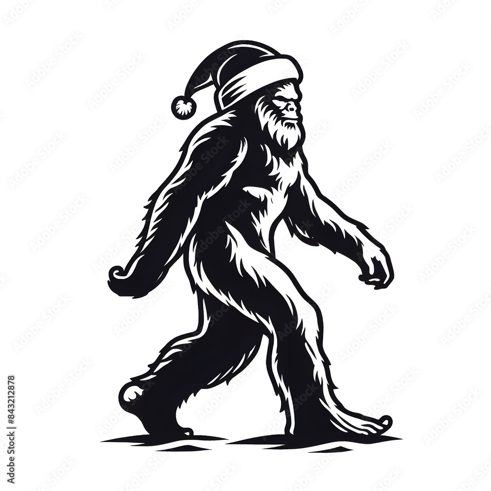 Obraz premium Bigfoot Wearing Christmas Santa Hat and Walking Illustration on White Background