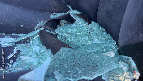 Glass from car window laying on seat in accident scene