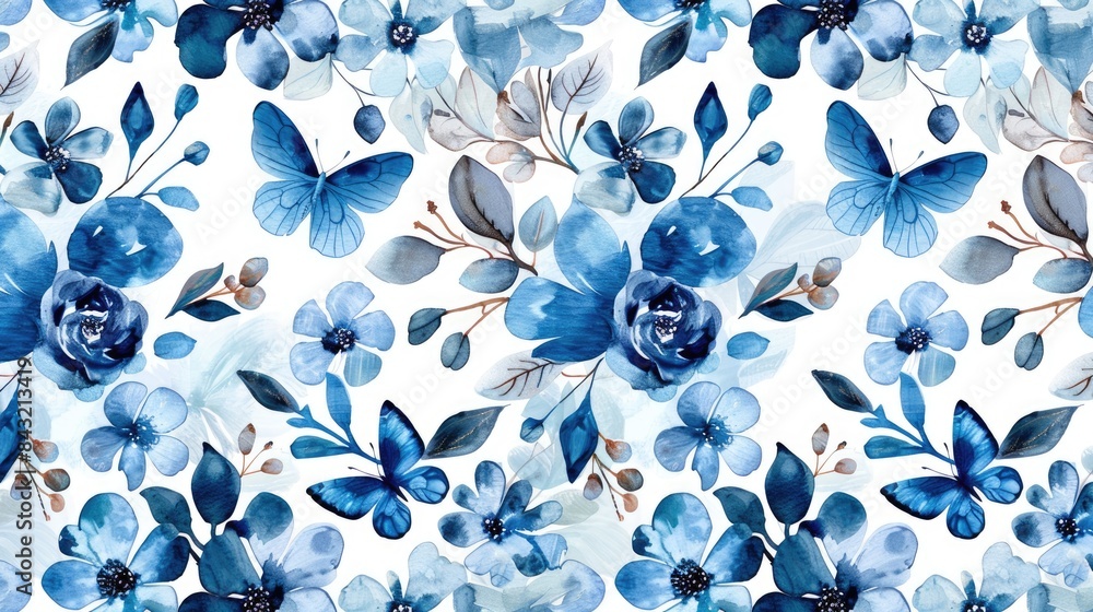 Blue abstract flowers and butterflies in a pattern a seamless ...