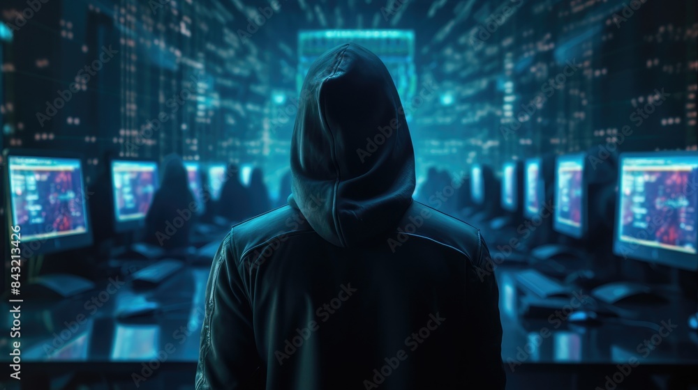 a hacker in server room computer display to operate mission target a hacker in server room computer display to operate mission target