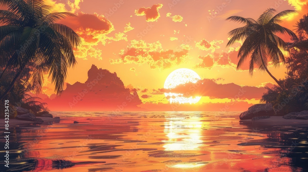 Seascape with orange skies sun and palm trees from a high angle in the morning Seascape with orange skies sun and palm trees from a high angle in the morning