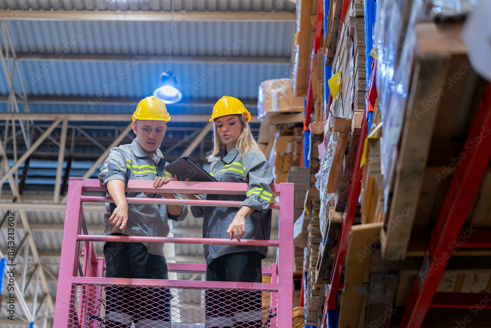 workers man and woman using a hydraulic scissor lift to check stock near the shelves warehouse. industry factory warehouse. Worker Screening Package In Warehouse. workers man and woman using a hydraulic scissor lift to check stock near the shelves warehouse. industry factory warehouse. Worker Screening Package In Warehouse.