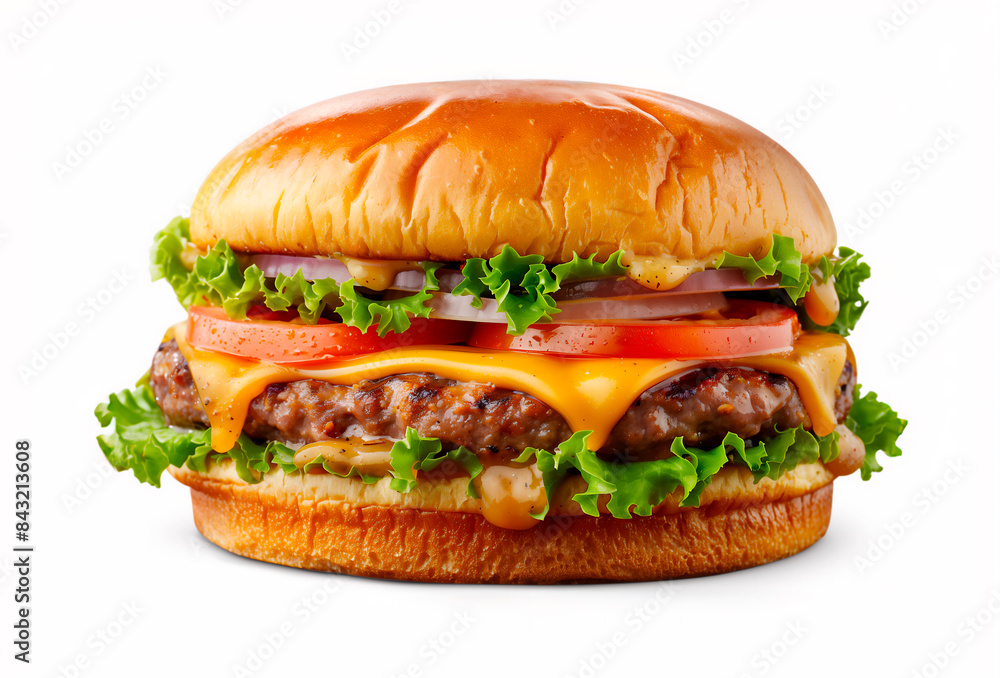 golden-brown cheeseburger with beef patty, tomato, lettuce salad, and onions isolated on a plain white background golden-brown cheeseburger with beef patty, tomato, lettuce salad, and onions isolated on a plain white background