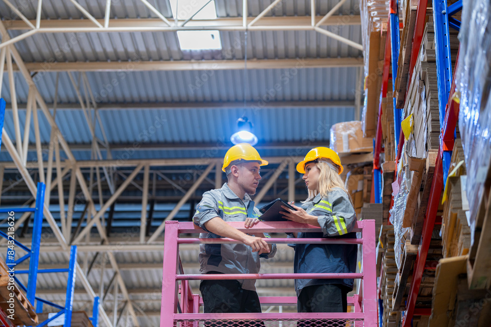 workers man and woman using a hydraulic scissor lift to check stock near the shelves warehouse. industry factory warehouse. Worker Screening Package In Warehouse. workers man and woman using a hydraulic scissor lift to check stock near the shelves warehouse. industry factory warehouse. Worker Screening Package In Warehouse.