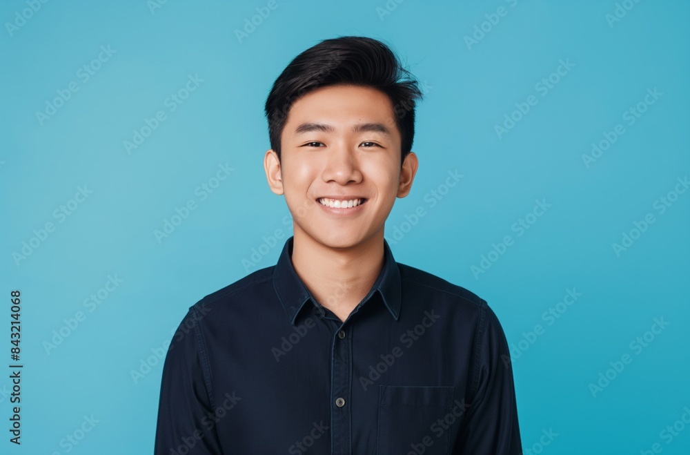 Portrait of handsome young asian man smiling and looking at camera isolated on blue background. Portrait of handsome young asian man smiling and looking at camera isolated on blue background.