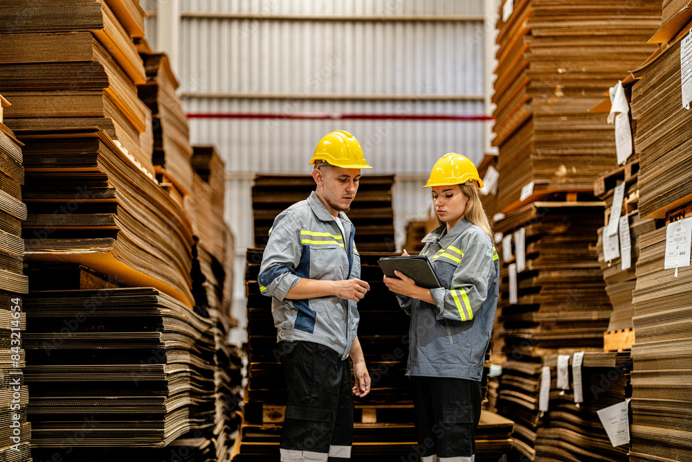 man and woman worker walking and checking stock for shipping. Female inspecting the store factory. Logistics employees holding folders at on site warehouse area for shipping transportation. man and woman worker walking and checking stock for shipping. Female inspecting the store factory. Logistics employees holding folders at on site warehouse area for shipping transportation.