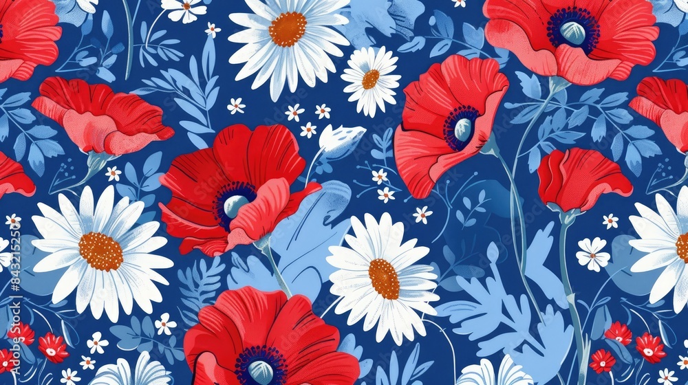 Patriotic Floral Pattern with Daisy and Poppy Bunches on Blue Background Patriotic Floral Pattern with Daisy and Poppy Bunches on Blue Background