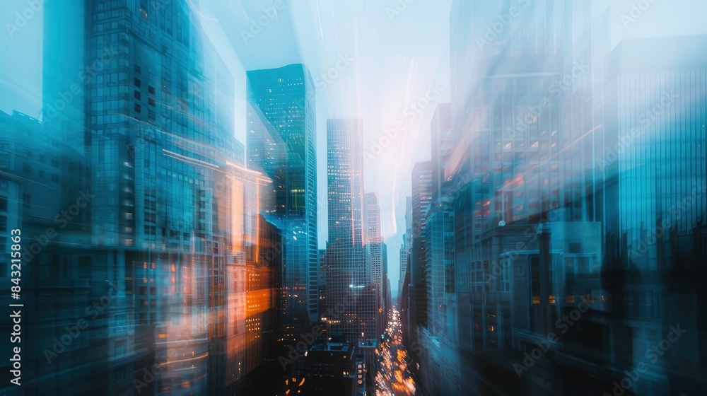 Naklejka premium Abstract blurred image of buildings in the city, banner background, created by ai